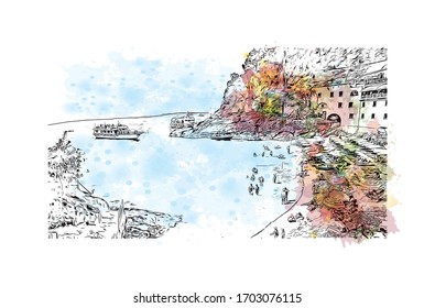 Building view with landmark of Portofino is a fishing village on the Italian Riviera coastline, southeast of Genoa city. Watercolor splash with hand drawn sketch illustration in vector.