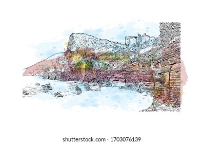 Building view with landmark of Portofino is a fishing village on the Italian Riviera coastline, southeast of Genoa city. Watercolor splash with hand drawn sketch illustration in vector.