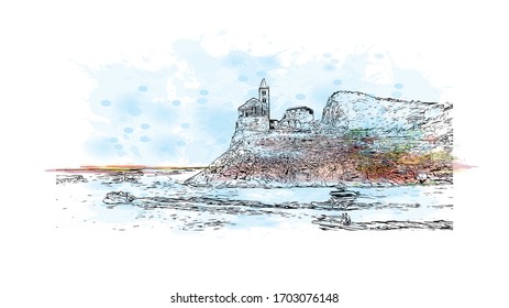 Building view with landmark of Portofino is a fishing village on the Italian Riviera coastline, southeast of Genoa city. Watercolor splash with hand drawn sketch illustration in vector.