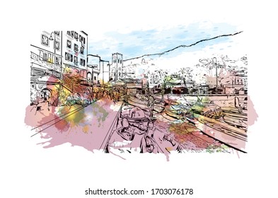 Building view with landmark of Portofino is a fishing village on the Italian Riviera coastline, southeast of Genoa city. Watercolor splash with hand drawn sketch illustration in vector.