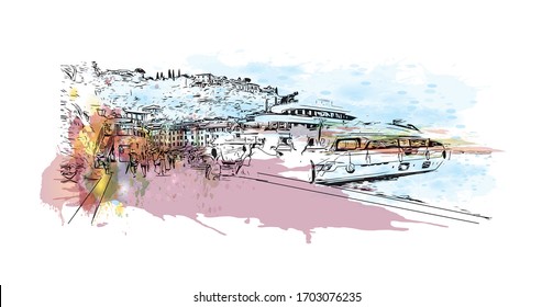 Building view with landmark of Portofino is a fishing village on the Italian Riviera coastline, southeast of Genoa city. Watercolor splash with hand drawn sketch illustration in vector.