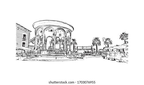 Building view with landmark of Portofino is a fishing village on the Italian Riviera coastline, southeast of Genoa city. Hand drawn sketch illustration in vector.