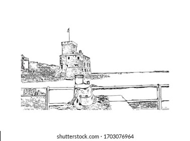 Building view with landmark of Portofino is a fishing village on the Italian Riviera coastline, southeast of Genoa city. Hand drawn sketch illustration in vector.