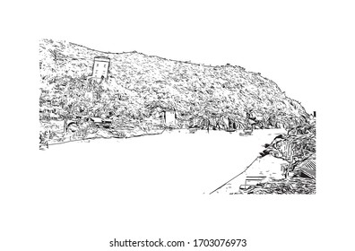 Building view with landmark of Portofino is a fishing village on the Italian Riviera coastline, southeast of Genoa city. Hand drawn sketch illustration in vector.