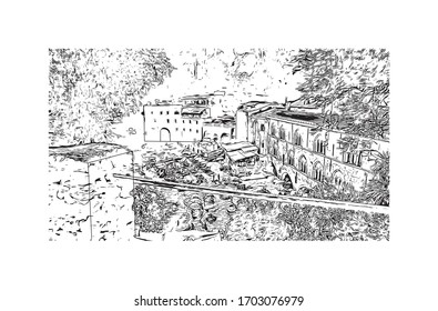 Building view with landmark of Portofino is a fishing village on the Italian Riviera coastline, southeast of Genoa city. Hand drawn sketch illustration in vector.