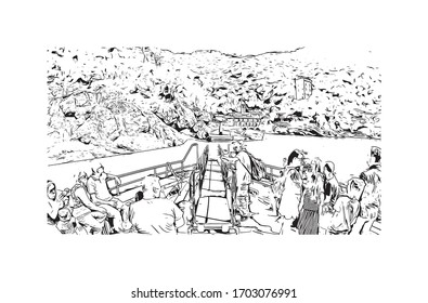 Building view with landmark of Portofino is a fishing village on the Italian Riviera coastline, southeast of Genoa city. Hand drawn sketch illustration in vector.