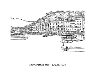 Building view with landmark of Portofino is a fishing village on the Italian Riviera coastline, southeast of Genoa city. Hand drawn sketch illustration in vector.