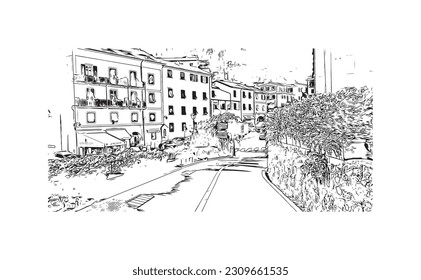 Building view with landmark of   Portofino is a fishing village in Italy. Hand drawn sketch illustration in vector.