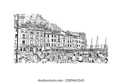Building view with landmark of   Portofino is a fishing village in Italy. Hand drawn sketch illustration in vector.