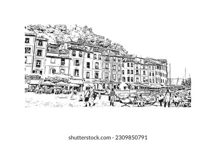 Vista de edificio con punto de referencia de   Portofino es un pueblo de pescadores de Italia. Dibujo a mano de ilustración de esbozo en vector.