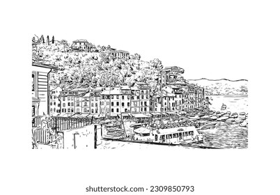 Vista de edificio con punto de referencia de   Portofino es un pueblo de pescadores de Italia. Dibujo a mano de ilustración de esbozo en vector.