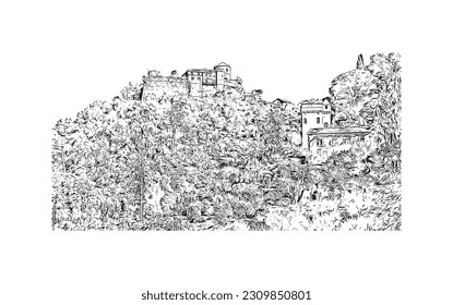 Vista de edificio con punto de referencia de   Portofino es un pueblo de pescadores de Italia. Dibujo a mano de ilustración de esbozo en vector.