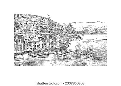 Vista de edificio con punto de referencia de   Portofino es un pueblo de pescadores de Italia. Dibujo a mano de ilustración de esbozo en vector.