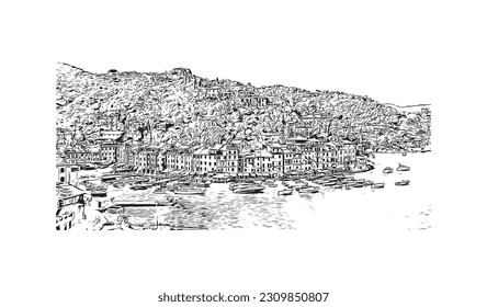 Vista de edificio con punto de referencia de   Portofino es un pueblo de pescadores de Italia. Dibujo a mano de ilustración de esbozo en vector.