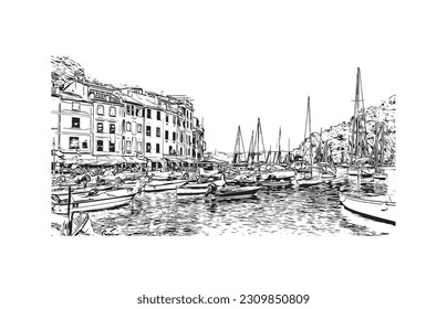 Vista de edificio con punto de referencia de   Portofino es un pueblo de pescadores de Italia. Dibujo a mano de ilustración de esbozo en vector.