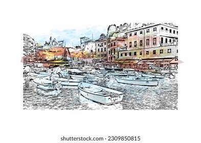 Building view with landmark of   Portofino is a fishing village in Italy. Watercolor splash with hand drawn sketch illustration in vector.