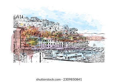 Building view with landmark of   Portofino is a fishing village in Italy. Watercolor splash with hand drawn sketch illustration in vector.