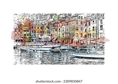 Vista de edificio con punto de referencia de   Portofino es un pueblo de pescadores de Italia. Salto de color de agua con ilustración de esbozo dibujada a mano en vector.