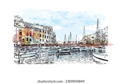 Vista de edificio con punto de referencia de   Portofino es un pueblo de pescadores de Italia. Salto de color de agua con ilustración de esbozo dibujada a mano en vector.