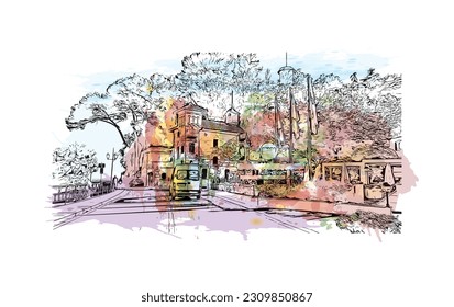Building view with landmark of   Portofino is a fishing village in Italy. Watercolor splash with hand drawn sketch illustration in vector.