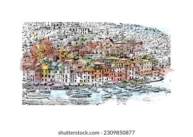 Building view with landmark of   Portofino is a fishing village in Italy. Watercolor splash with hand drawn sketch illustration in vector.