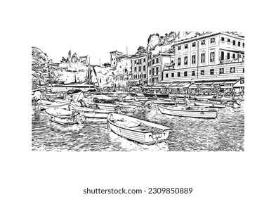 Vista de edificio con punto de referencia de   Portofino es un pueblo de pescadores de Italia. Dibujo a mano de ilustración de esbozo en vector.