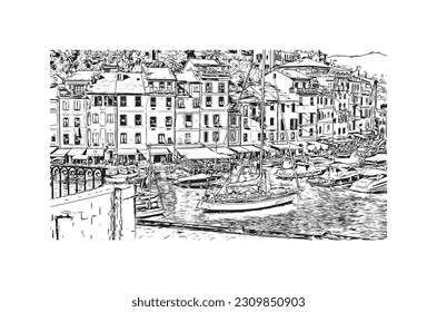 Vista de edificio con punto de referencia de   Portofino es un pueblo de pescadores de Italia. Dibujo a mano de ilustración de esbozo en vector.