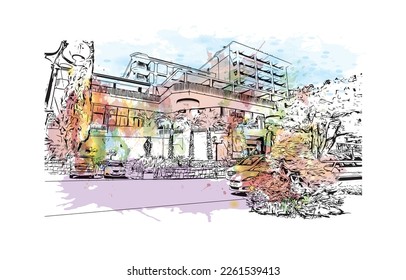Building view with landmark of Portoroz is a resort town in Slovenia. Watercolor splash with hand drawn sketch illustration in vector.