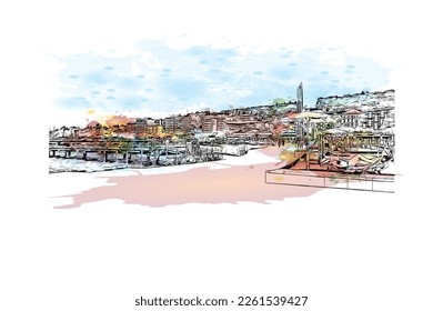 Building view with landmark of Portoroz is a resort town in Slovenia. Watercolor splash with hand drawn sketch illustration in vector.