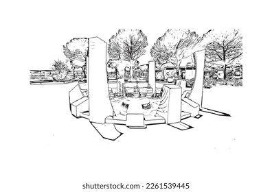 Building view with landmark of Portoroz is a resort town in Slovenia. Hand drawn sketch illustration in vector.