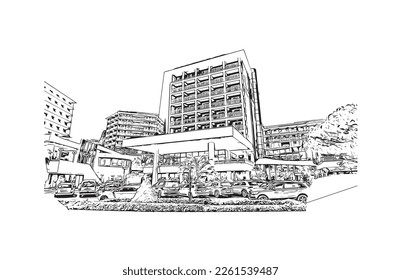 Building view with landmark of Portoroz is a resort town in Slovenia. Hand drawn sketch illustration in vector.