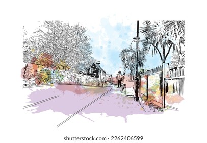 Building view with landmark of Portsmouth is the 
city in England. Watercolor splash with hand drawn sketch illustration in vector.