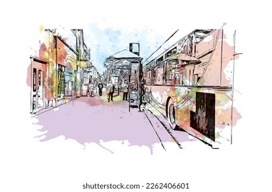 Building view with landmark of Portsmouth is the 
city in England. Watercolor splash with hand drawn sketch illustration in vector.