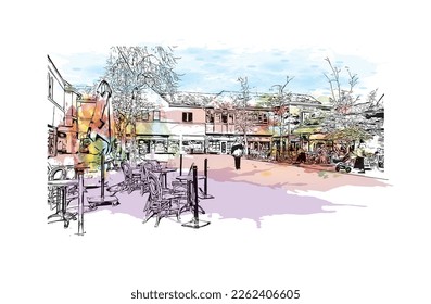 Building view with landmark of Portsmouth is the 
city in England. Watercolor splash with hand drawn sketch illustration in vector.