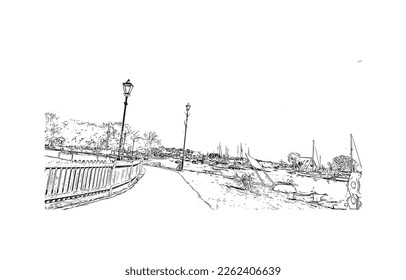 Building view with landmark of Portsmouth is the 
city in England. Hand drawn sketch illustration in vector.
