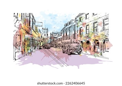 Building view with landmark of Portsmouth is the 
city in England. Watercolor splash with hand drawn sketch illustration in vector.
