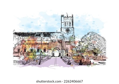 Building view with landmark of Portsmouth is the 
city in England. Watercolor splash with hand drawn sketch illustration in vector.