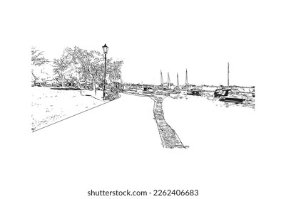 Building view with landmark of Portsmouth is the 
city in England. Hand drawn sketch illustration in vector.