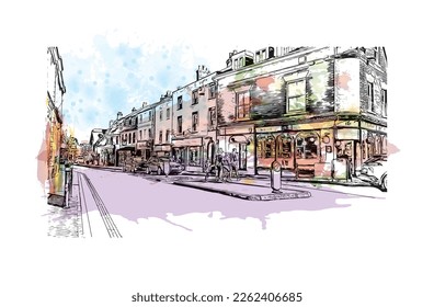 Building view with landmark of Portsmouth is the 
city in England. Watercolor splash with hand drawn sketch illustration in vector.