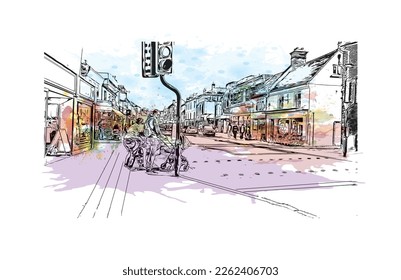 Building view with landmark of Portsmouth is the 
city in England. Watercolor splash with hand drawn sketch illustration in vector.