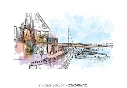 Building view with landmark of Portsmouth is the 
city in England. Watercolor splash with hand drawn sketch illustration in vector.