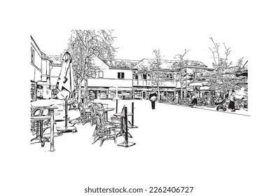 Building view with landmark of Portsmouth is the 
city in England. Hand drawn sketch illustration in vector.