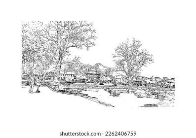 Building view with landmark of Portsmouth is the 
city in England. Hand drawn sketch illustration in vector.
