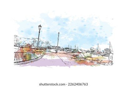 Building view with landmark of Portsmouth is the 
city in England. Watercolor splash with hand drawn sketch illustration in vector.