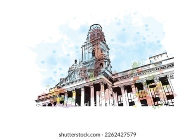 Building view with landmark of Portsmouth is the 
city in New Hampshire. Watercolor splash with hand drawn sketch illustration in vector.