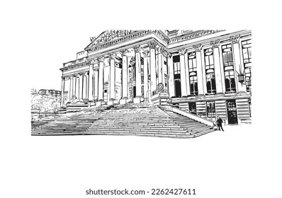 Building view with landmark of Portsmouth is the 
city in New Hampshire. Hand drawn sketch illustration in vector.