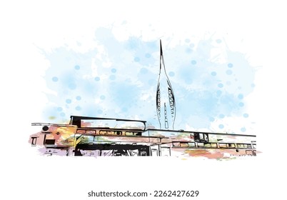 Building view with landmark of Portsmouth is the 
city in New Hampshire. Watercolor splash with hand drawn sketch illustration in vector.