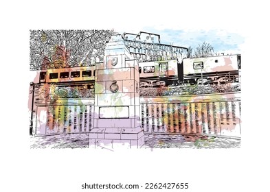 Building view with landmark of Portsmouth is the 
city in New Hampshire. Watercolor splash with hand drawn sketch illustration in vector.
