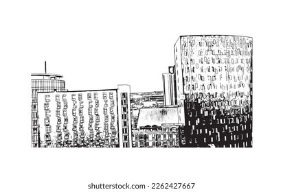 Building view with landmark of Portsmouth is the 
city in New Hampshire. Hand drawn sketch illustration in vector.