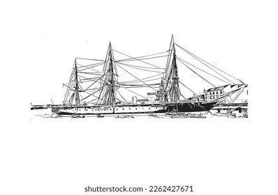 Building view with landmark of Portsmouth is the 
city in New Hampshire. Hand drawn sketch illustration in vector.